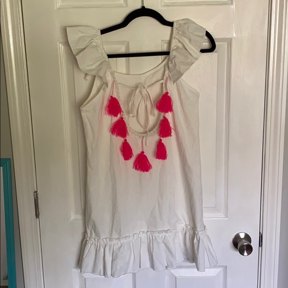 Linen white dress tassels pink sleeveless coverup